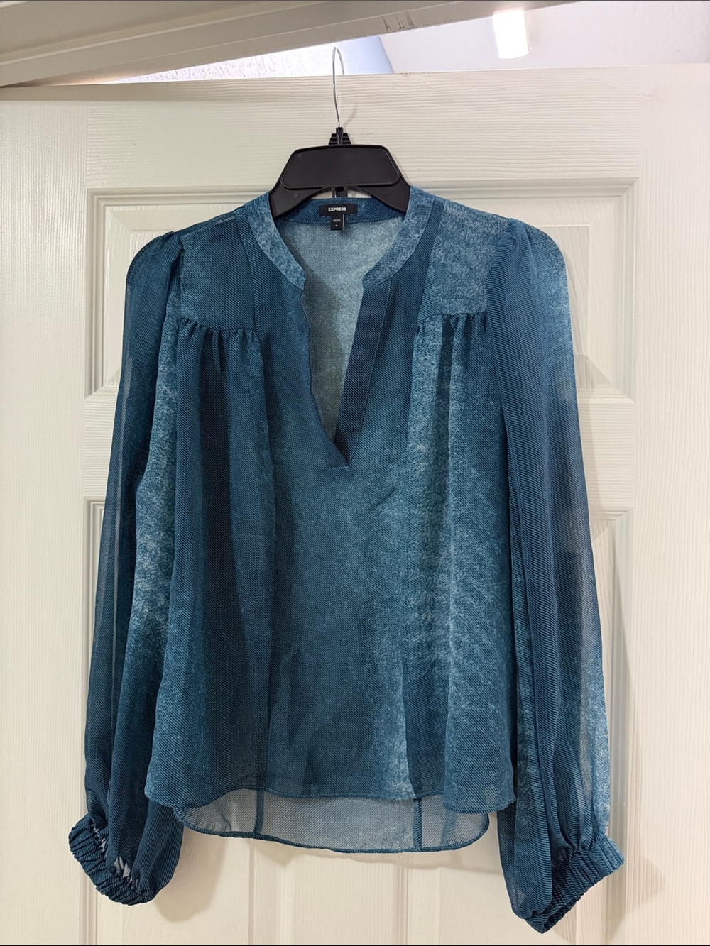 Express Denim Blue V-Neck Sheer Long-Sleeve Blouse